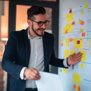 a salesman carrying out customer journey mapping using a whiteboard and some sticky notes