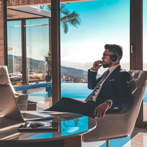 a salesman who has chosen a sales career path that allows him to work from a glamorous remote location