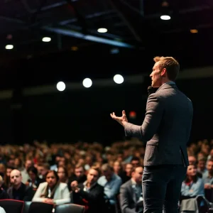 a salesman delivering a session of sales learning by speaking on stage
