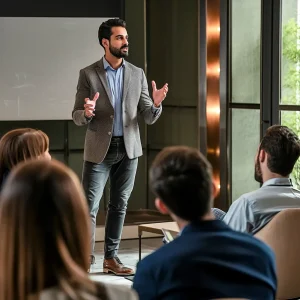 a high ticket salesman dressed in a grey suit jacket gives a talk at an industry event