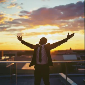 a salesman celebrating being empowered by a strong sales culture on a rooftop at sunset