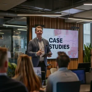 a salesman using a sales rebuttal involving case studies displayed on a screen