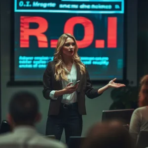 saleswoman delivering a sales rebuttal by giving a demonstration of ROI