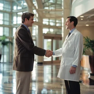 a salesman shakes hands with a doctor in a private medical facility, as part of a deal to sell high ticket services in the form of medical care