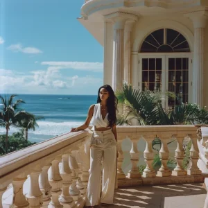 a stylish saleswoman selling high ticket services in the form of beachfront real estate, standing on a balcony